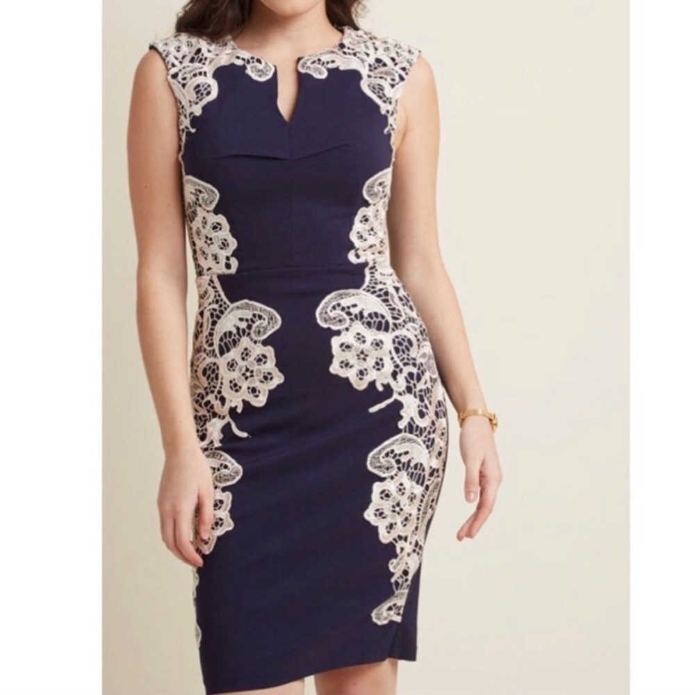 paper doll Navy Dress with Cream Lace Appliqué